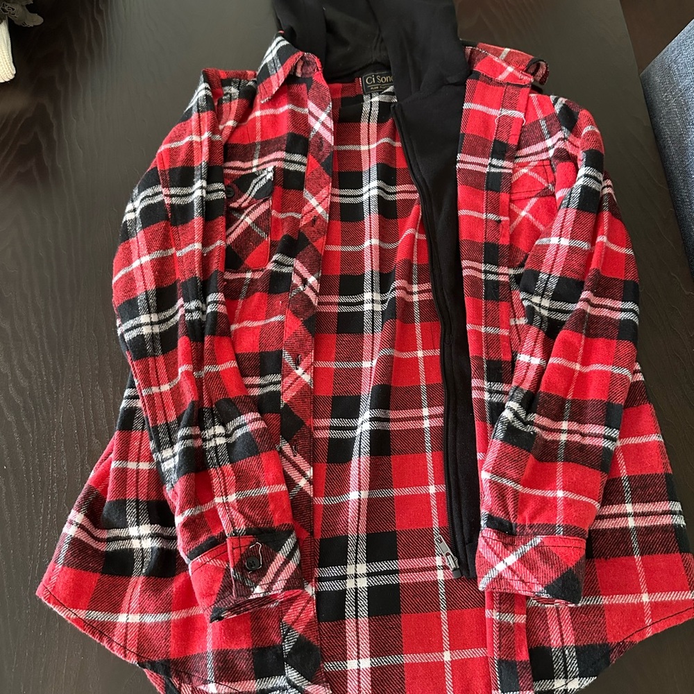 Flannel with black sweatshirt hood